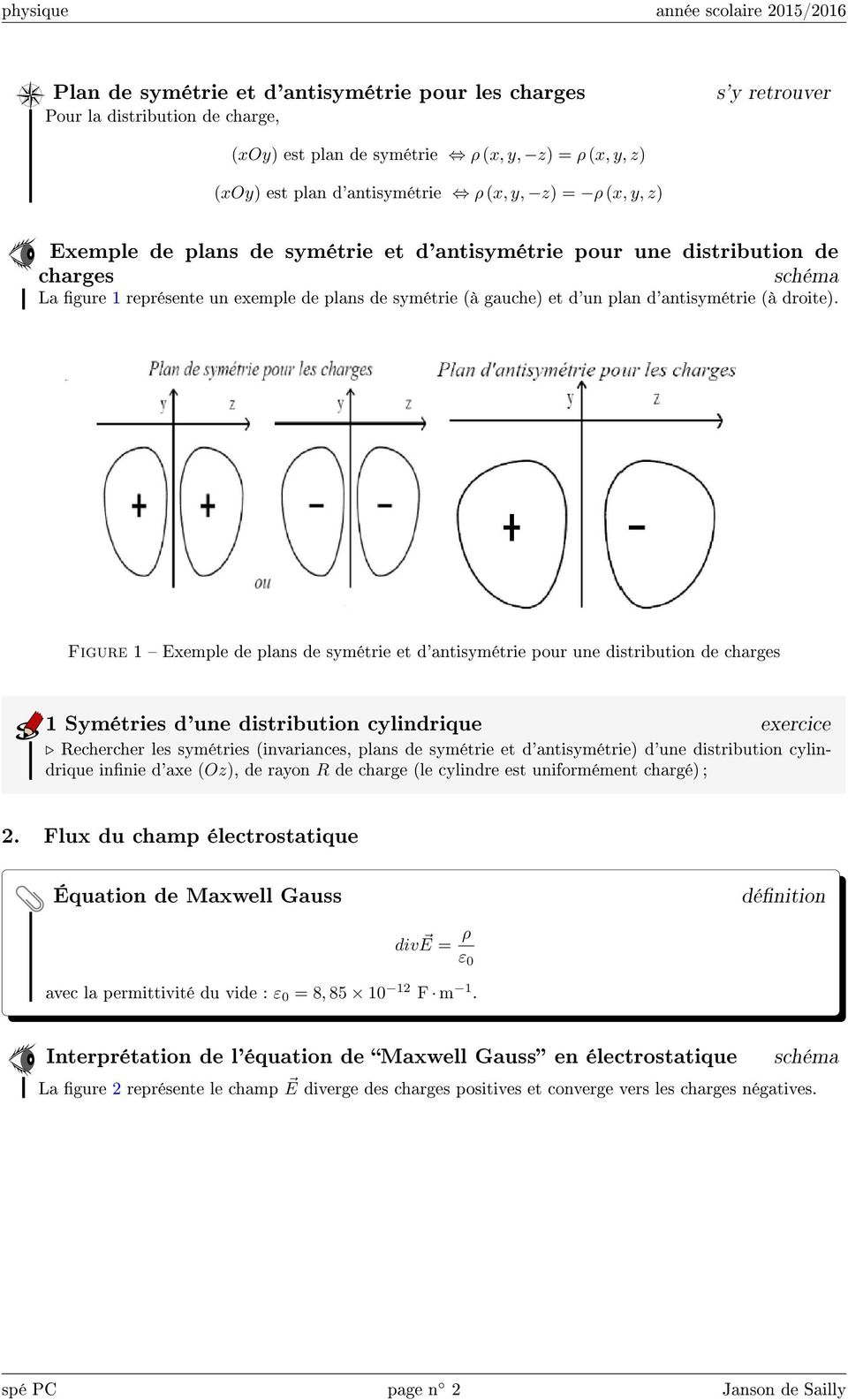 Figure 1 Exemple de plans de symétrie et d'antisymétrie pour une distribution de charges 1 Symétries d'une distribution cylindrique exercice Rechercher les symétries (invariances, plans de symétrie