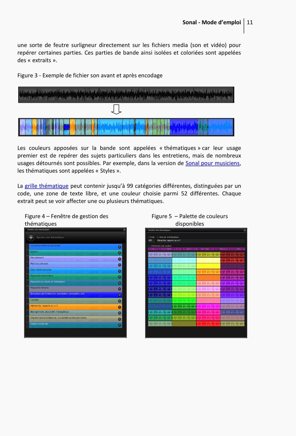 Figure 3 - Exemple de fichier son avant et après encodage Les couleurs apposées sur la bande sont appelées «thématiques» car leur usage premier est de repérer des sujets particuliers dans les