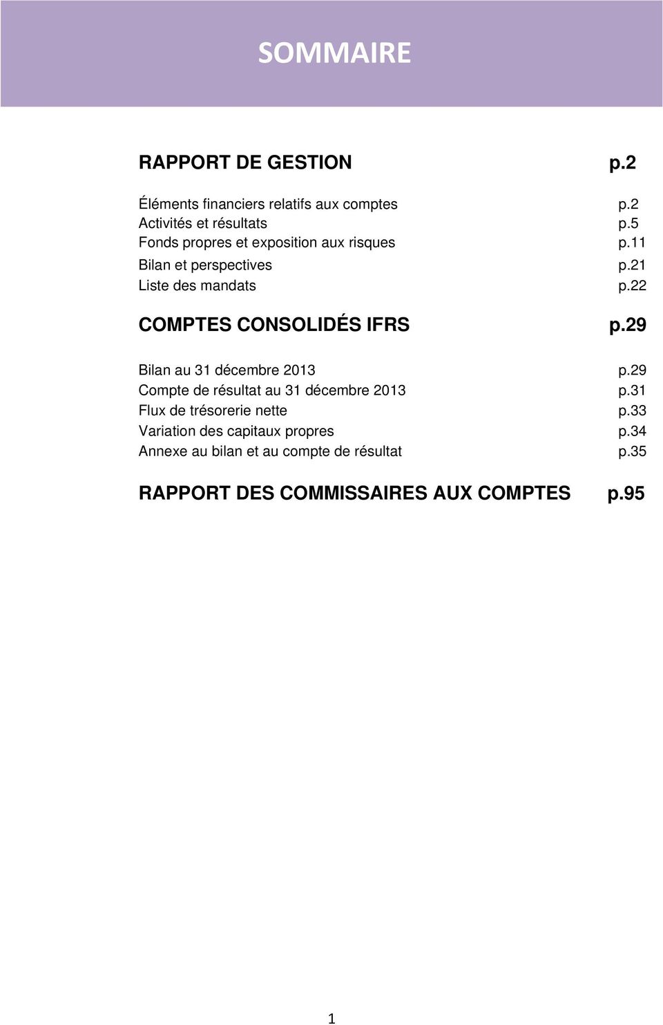 22 COMPTES CONSOLIDÉS IFRS p.29 Bilan au 31 décembre 2013 p.29 Compte de résultat au 31 décembre 2013 p.