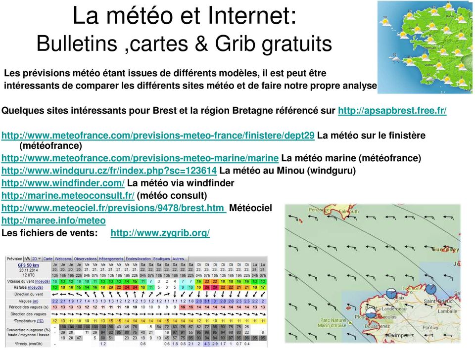 com/previsions-meteo-france/finistere/dept29 La météo sur le finistère (météofrance) http://www.meteofrance.com/previsions-meteo-marine/marine La météo marine (météofrance) http://www.windguru.