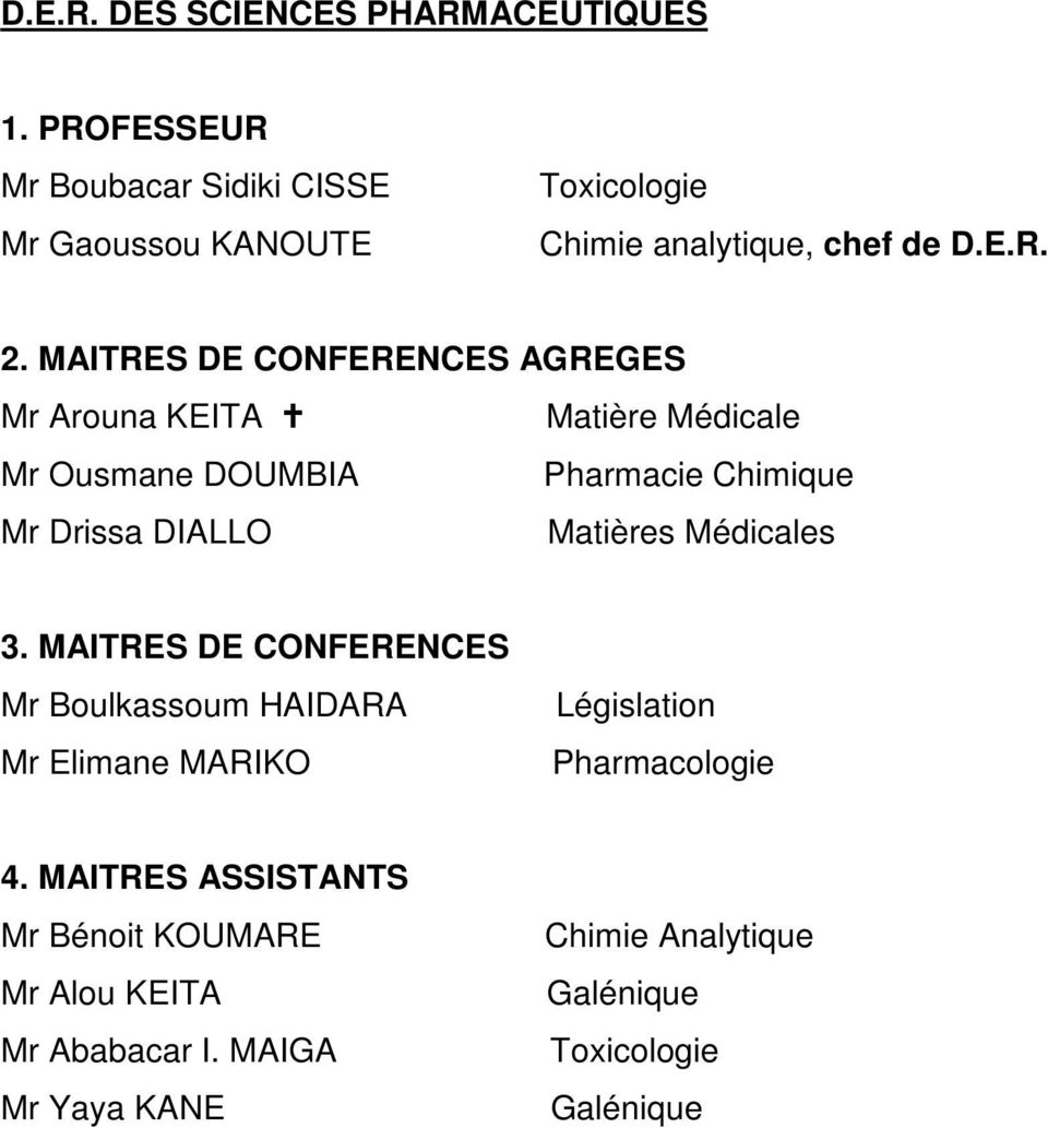 MAITRES DE CONFERENCES AGREGES Mr Arouna KEITA Matière Médicale Mr Ousmane DOUMBIA Pharmacie Chimique Mr Drissa DIALLO Matières