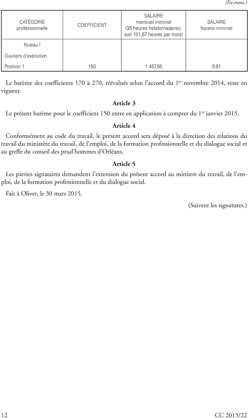 9,61 Le barème des coefficients 170 à 270, réévalués selon l accord du 1 er novembre 2014, reste en vigueur.