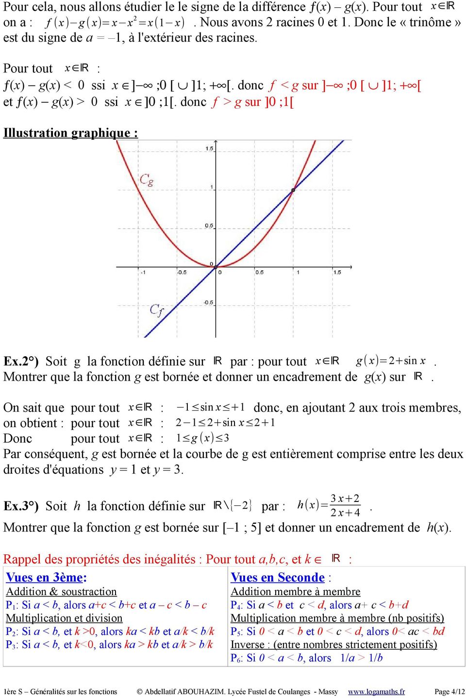 donc f > g sur ]0 ;1[ Illustration graphique : Ex.2 ) Soit g la fonction définie sur R par : pour tout x R g ( x)=2+sin x. Montrer que la fonction g est bornée et donner un encadrement de g(x) sur R.