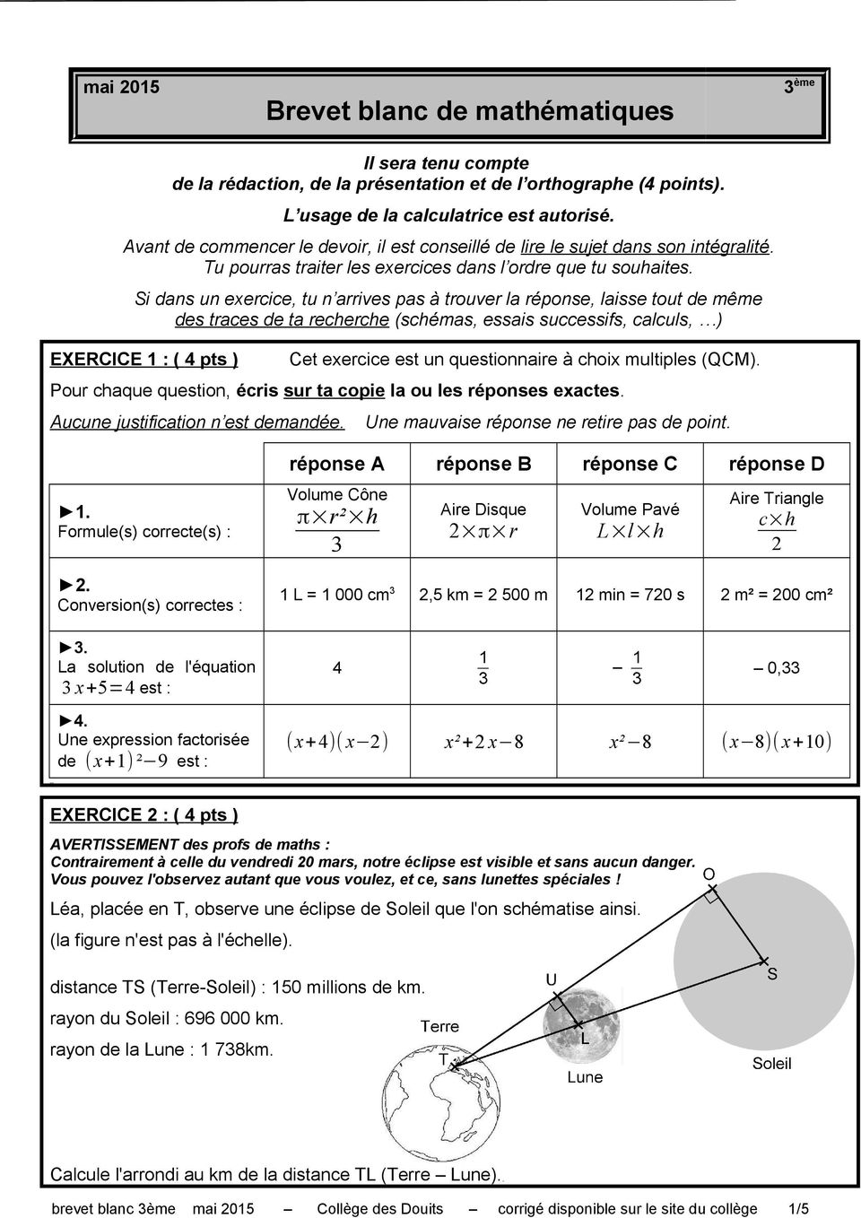Exercice Type Brevet Maths Avec Corrigé Brevet blanc de mathématiques - PDF Téléchargement Gratuit