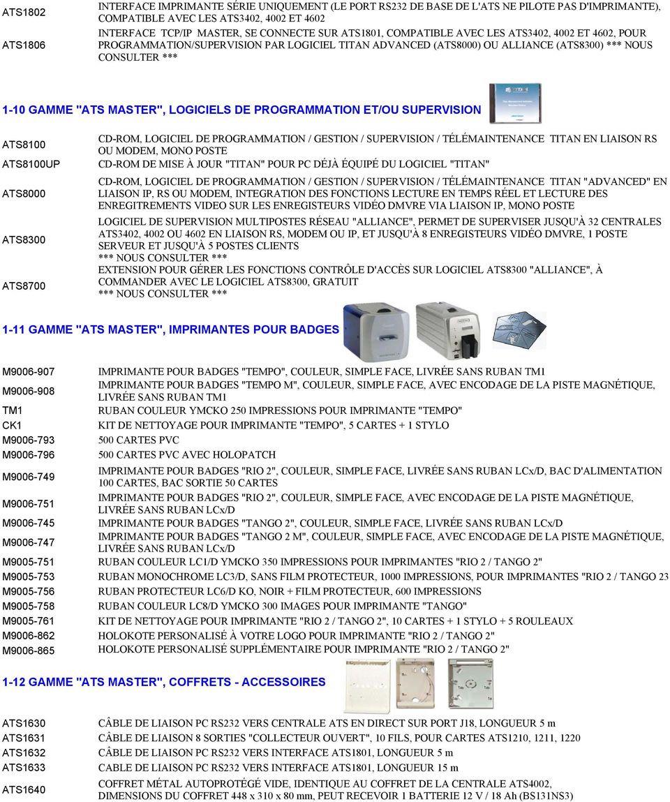 LOGICIELS DE PROGRAMMATION ET/OU SUPERVISION ATS8100 ATS8100UP ATS8000 ATS8300 ATS8700 CD-ROM, LOGICIEL DE PROGRAMMATION / GESTION / SUPERVISION / TÉLÉMAINTENANCE TITAN EN LIAISON RS OU MODEM, MONO