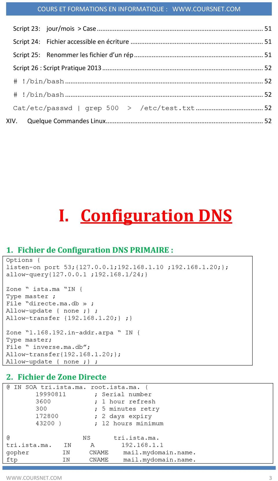 Fichier de Configuration DNS PRIMAIRE : Options { listen-on port 53;{127.0.0.1;192.168.1.10 ;192.168.1.20;}; allow-query{127.0.0.1 ;192.168.1/24;} Zone ista.ma 