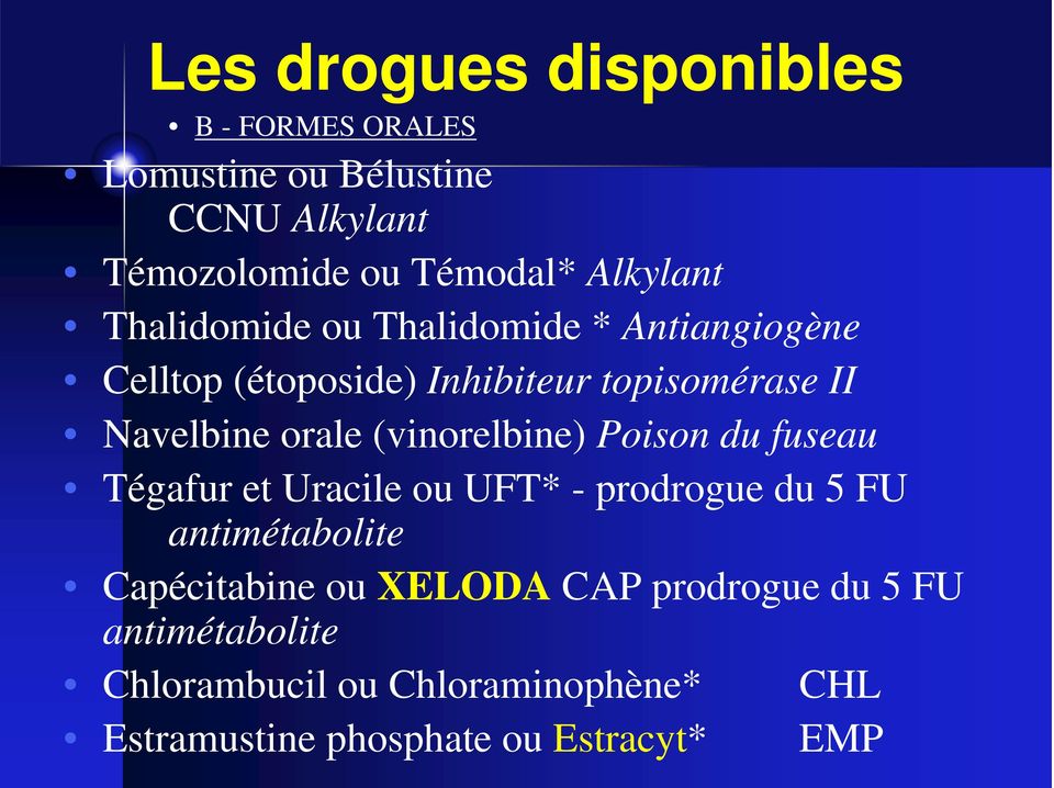 orale (vinorelbine) Poison du fuseau Tégafur et Uracile ou UFT* - prodrogue du 5 FU antimétabolite Capécitabine