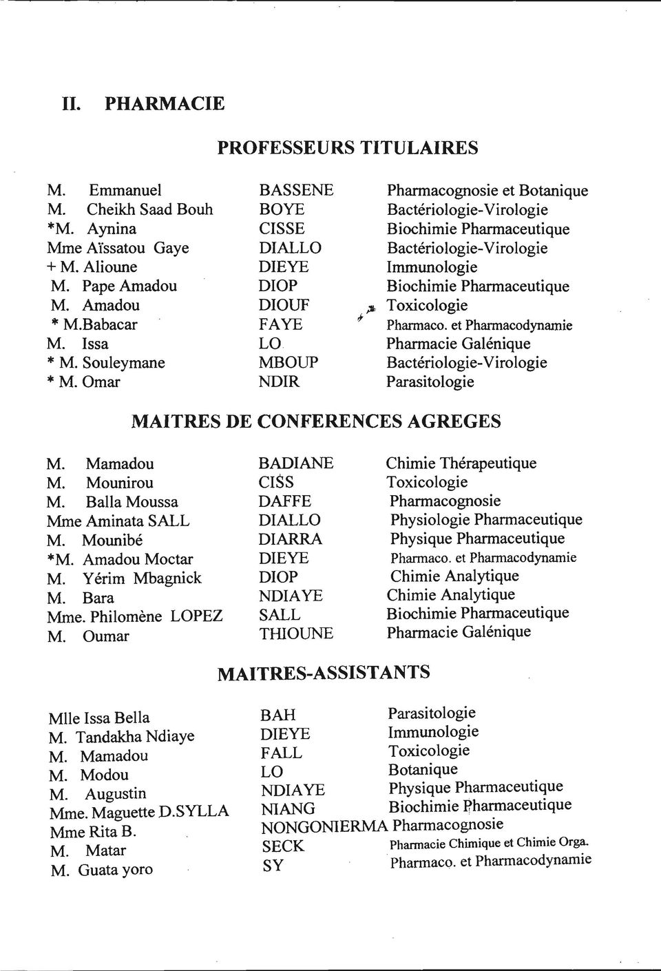 Pharmaceutique,f ~ Toxicologie Pharmaco. et Pharmacodynamie Pharmacie Galénique Bactériologie-Virologie Parasitologie MAITRES DE CONFERENCES AGREGES M. Mamadou M. Mounirou M.