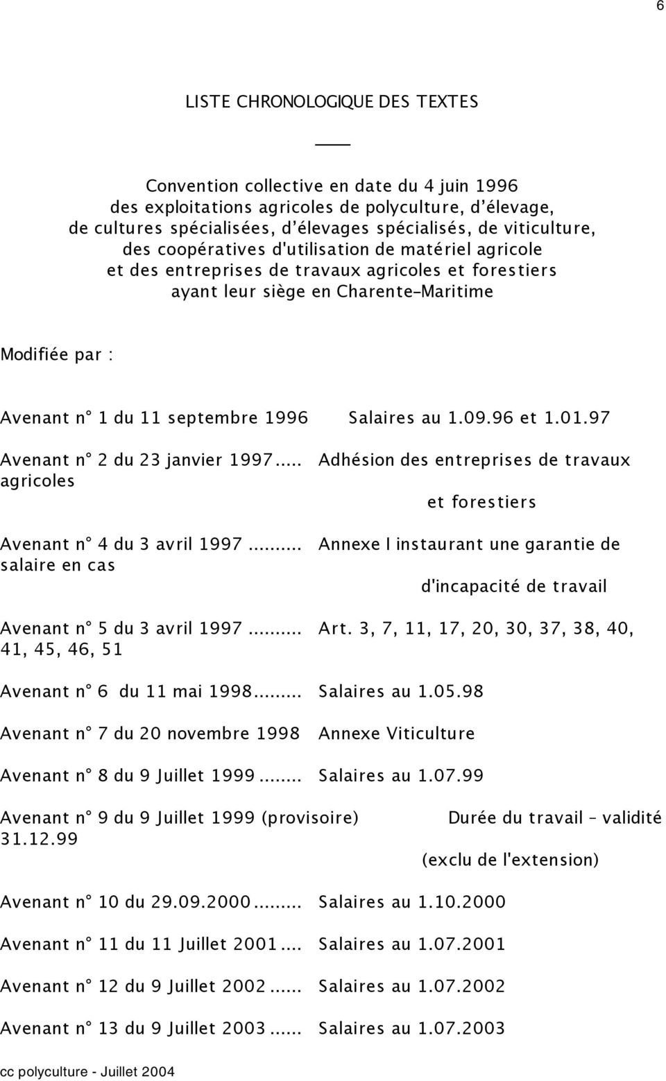 1996 Salaires au 1.09.96 et 1.01.97 Avenant n 2 du 23 janvier 1997... Adhésion des entreprises de travaux agricoles et forestiers Avenant n 4 du 3 avril 1997.