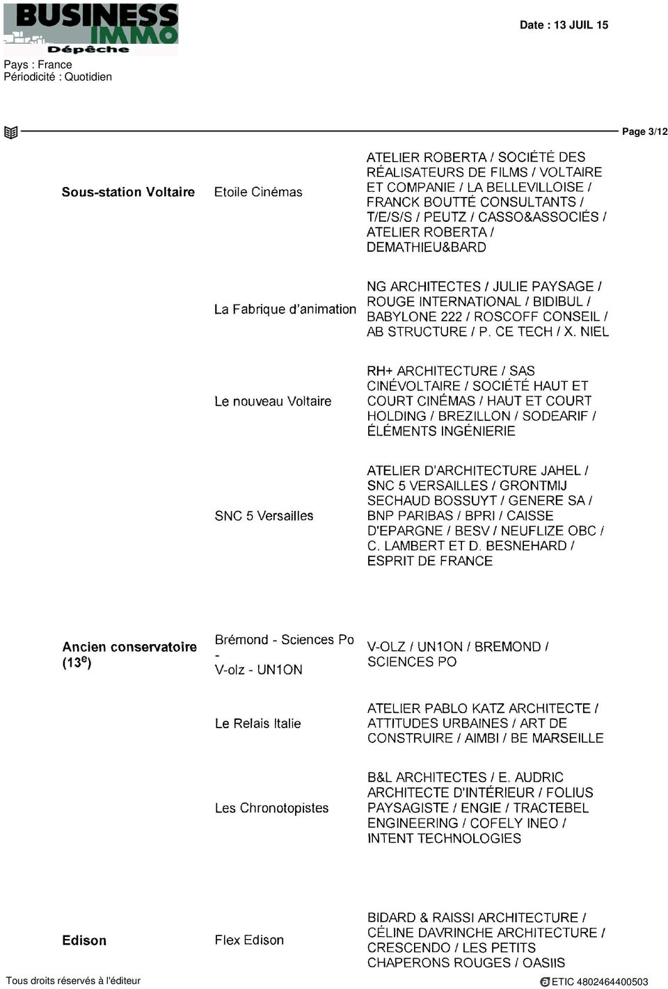 NIEL Le nouveau Voltaire RH+ ARCHITECTURE / SAS CINÉVOLTAIRE / SOCIÉTÉ HAUT ET COURT CINÉMAS / HAUT ET COURT HOLDING / BREZILLON / SODEARIF / ÉLÉMENTS INGÉNIERIE SNC 5 Versailles ATELIER