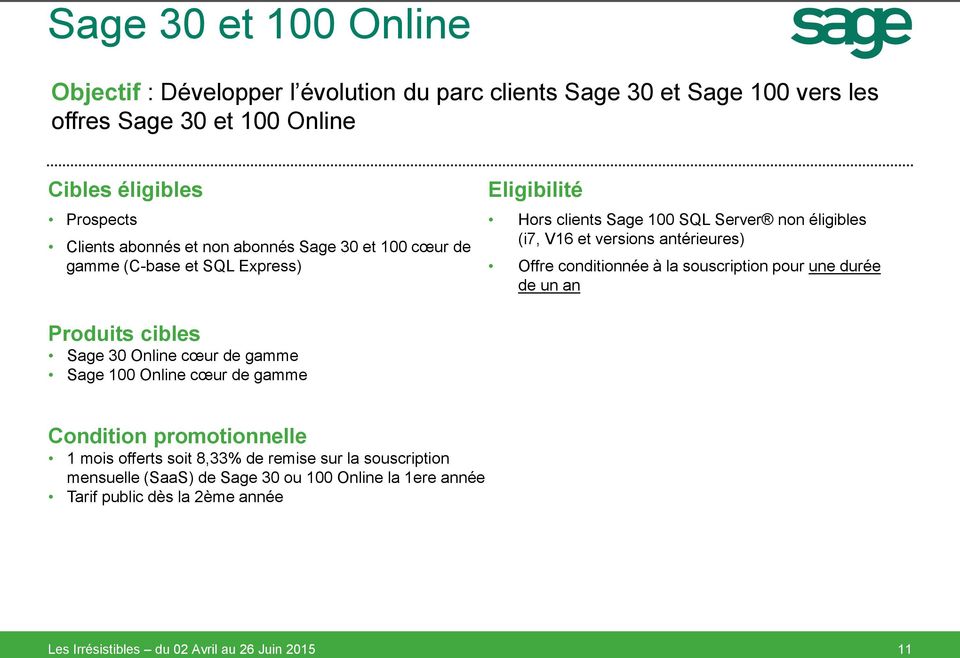 Offre conditionnée à la souscription pour une durée de un an Produits cibles Sage 30 Online cœur de gamme Sage 100 Online cœur de gamme Condition promotionnelle 1 mois