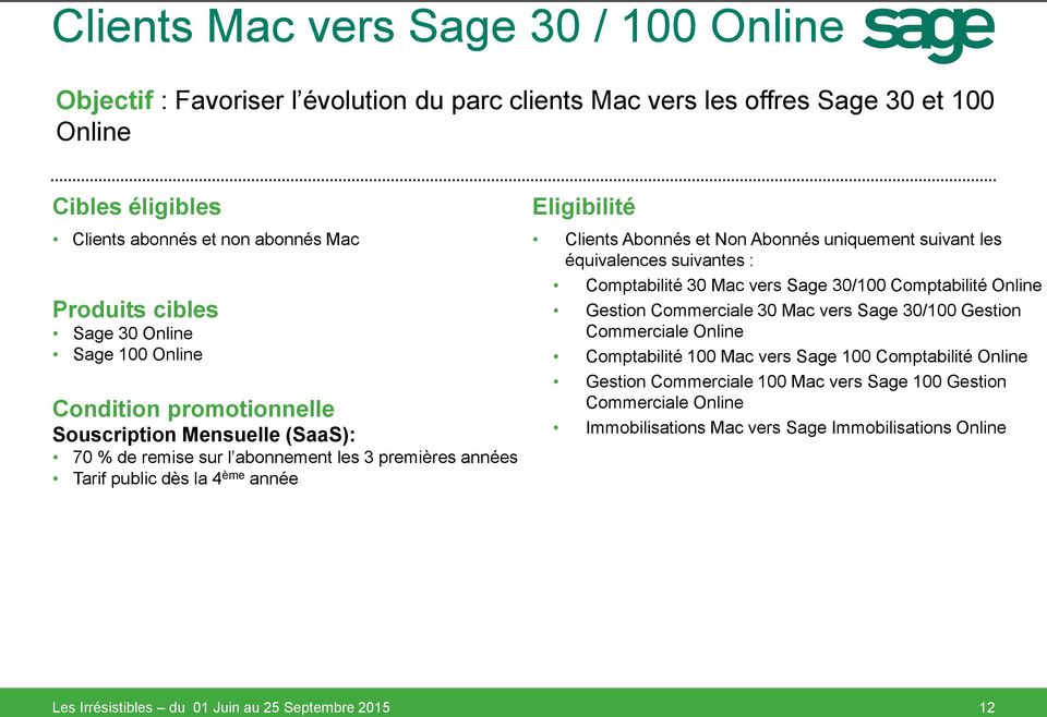Abonnés et Non Abonnés uniquement suivant les équivalences suivantes : Comptabilité 30 Mac vers Sage 30/100 Comptabilité Online Gestion Commerciale 30 Mac vers Sage 30/100 Gestion Commerciale Online