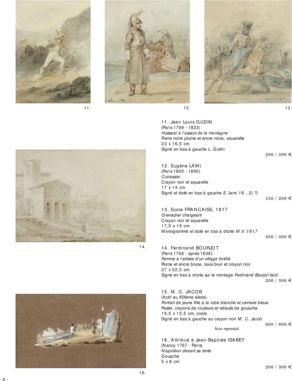 Ecole FRANCAISE, 1817 Grenadier chargeant Crayon noir et aquarelle 17,5 x 15 cm Monogrammé et daté en bas à droite M.V. 1817 200 / 300 150 / 200 200 / 300 14.