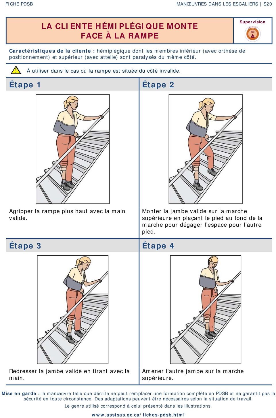 À utiliser dans le cas où la rampe est située du côté invalide. Étape 1 Étape 2 Agripper la rampe plus haut avec la main valide.