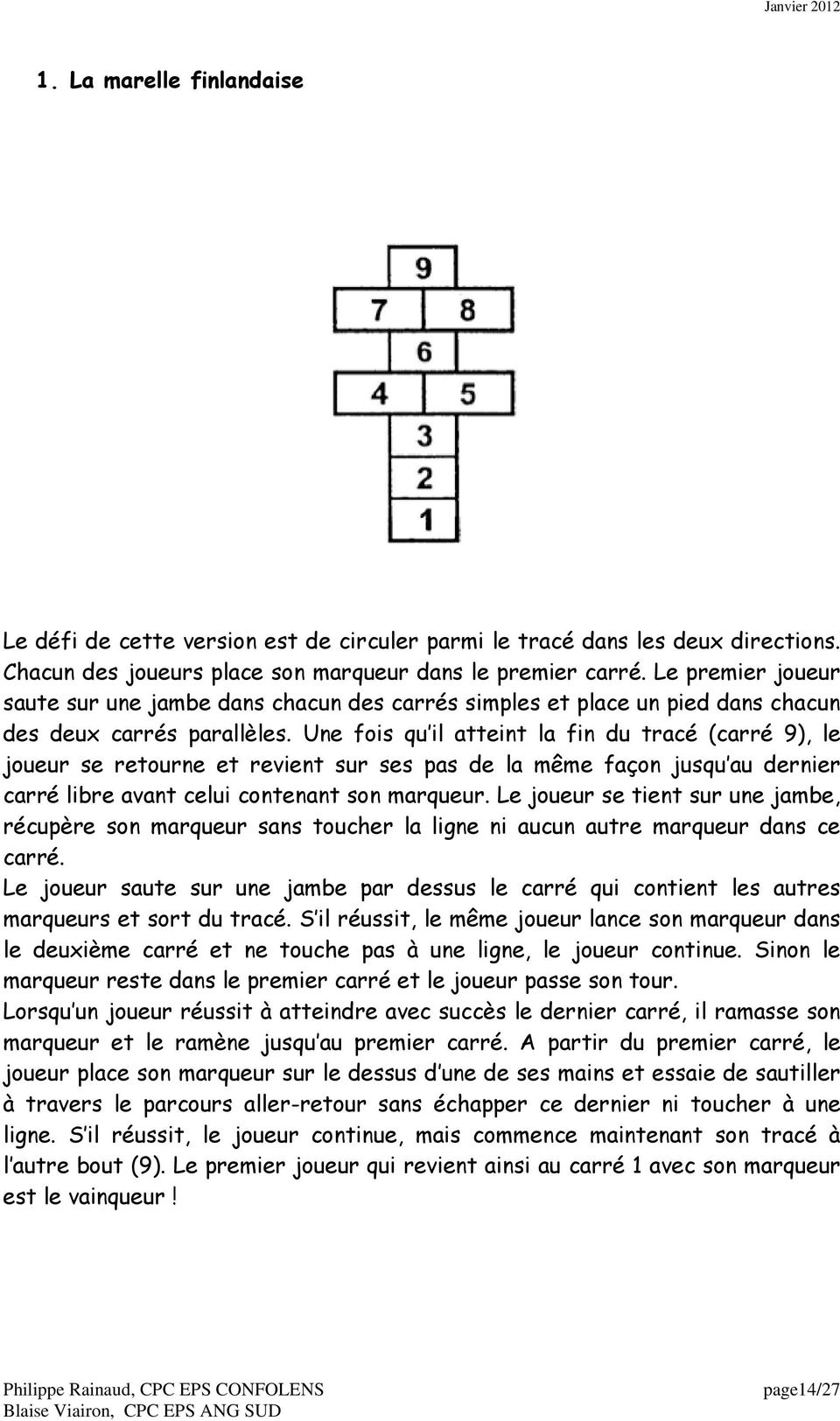Une fois qu il atteint la fin du tracé (carré 9), le joueur se retourne et revient sur ses pas de la même façon jusqu au dernier carré libre avant celui contenant son marqueur.
