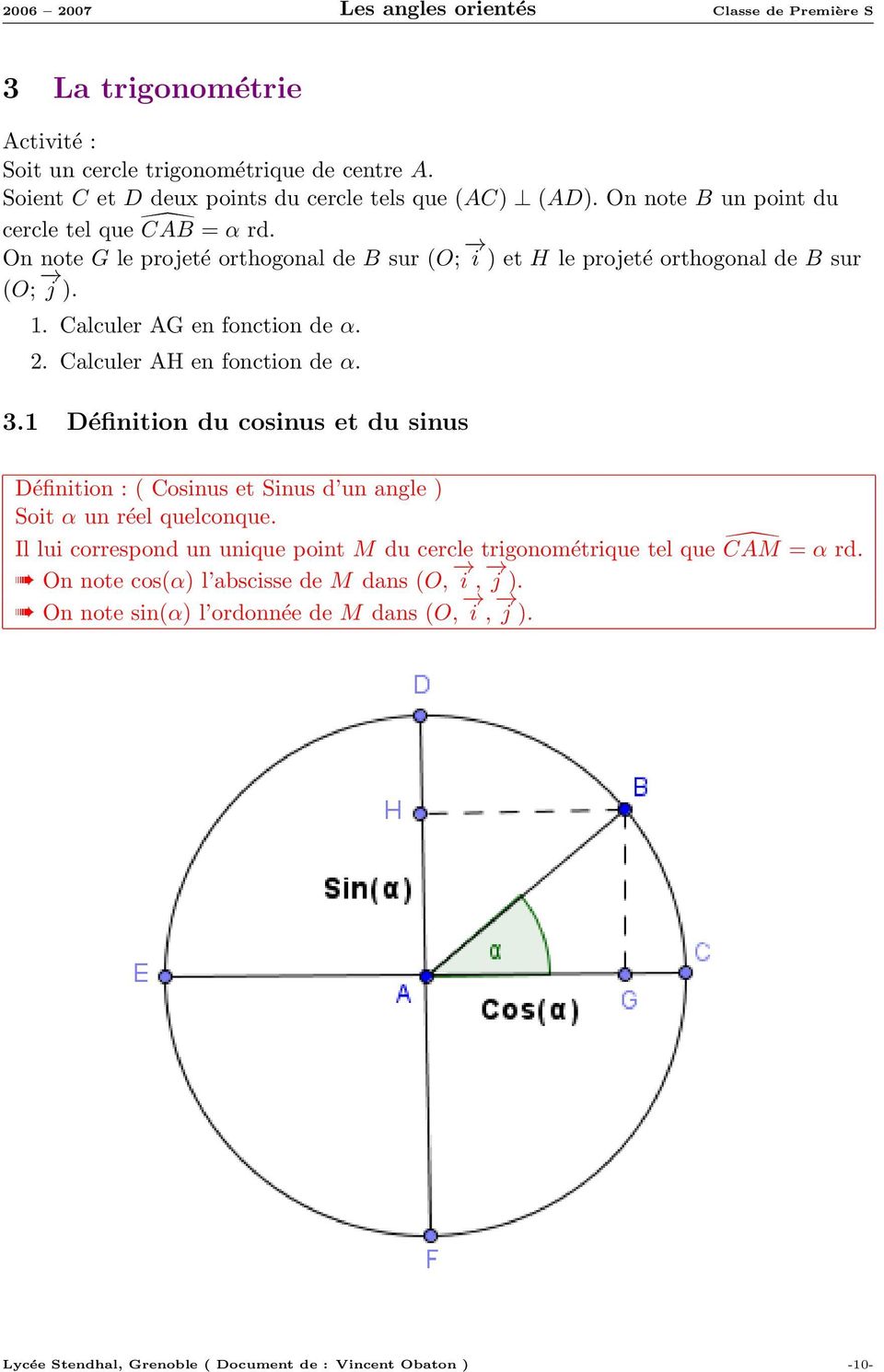 Calculer AG en fonction de α.. Calculer AH en fonction de α. 3.1 Définition du cosinus et du sinus Définition : ( Cosinus et Sinus d un angle ) Soit α un réel quelconque.