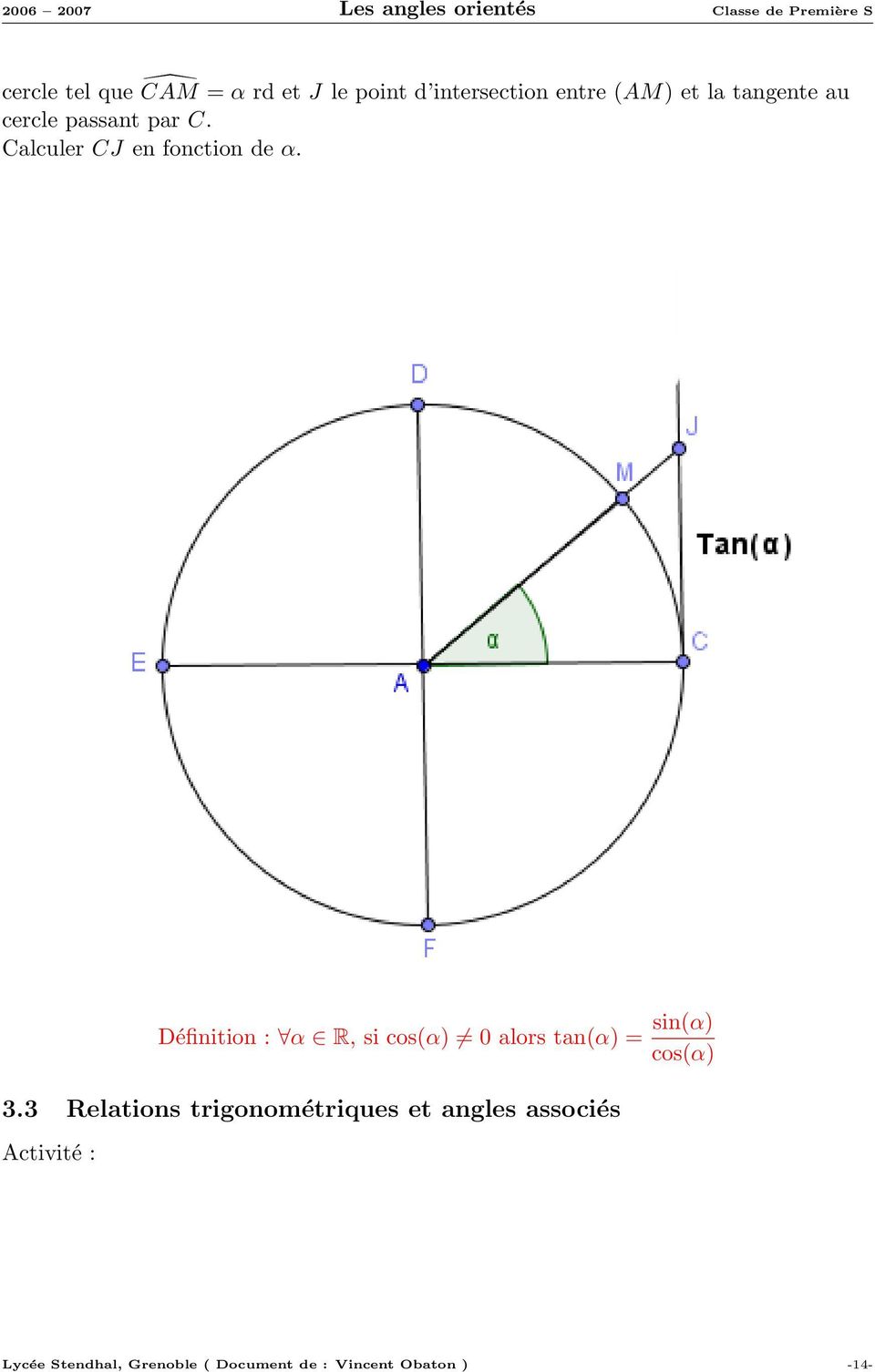 Définition : α R, si cos(α) 0 alors tan(α) = sin(α) cos(α) 3.