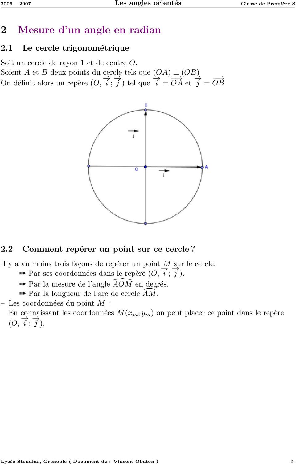 Il y a au moins trois façons de repérer un point M sur le cercle. Par ses coordonnées dans le repère (O, i ; j ). Par la mesure de l angle Ö AOM en degrés.