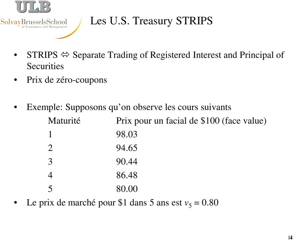 of Securities Prix de zéro-coupons Exemple: Supposons qu on observe les cours
