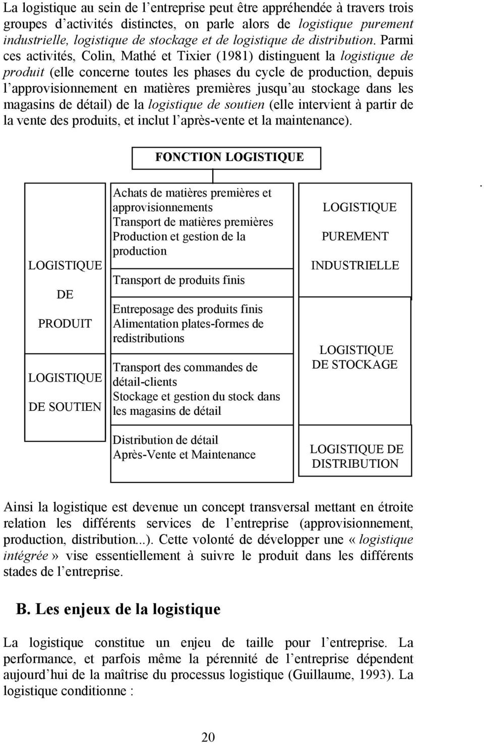 Parmi ces activités, Colin, Mathé et Tixier (1981) distinguent la logistique de produit (elle concerne toutes les phases du cycle de production, depuis l approvisionnement en matières premières jusqu