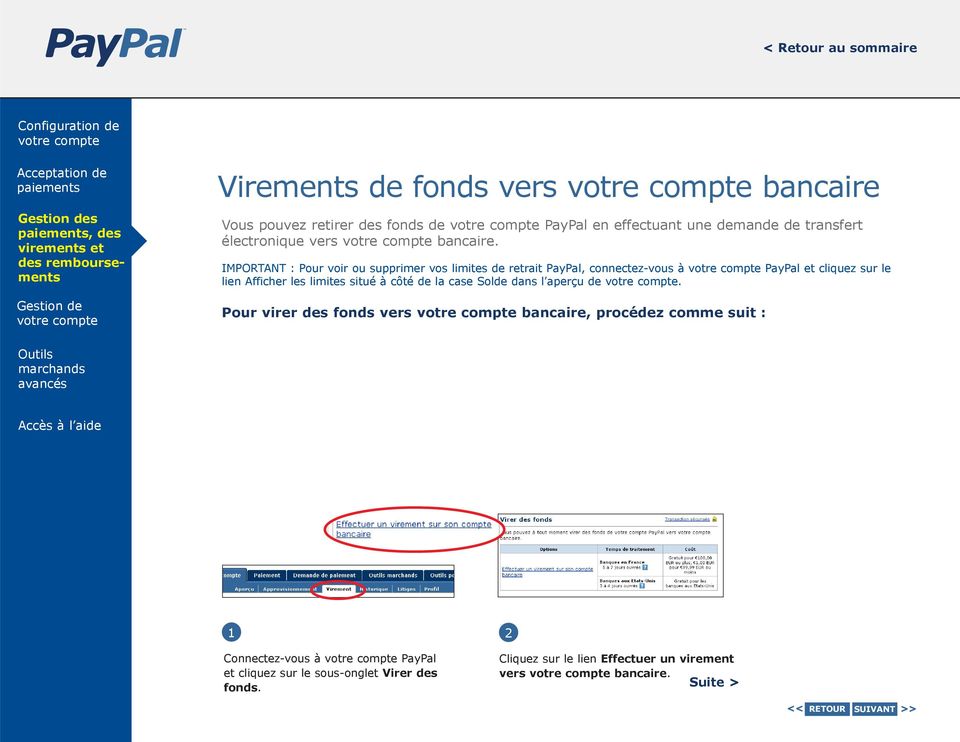 IMPORTANT : Pour voir ou supprimer vos limites de retrait PayPal, connectez-vous à PayPal et cliquez sur le lien Afficher les limites