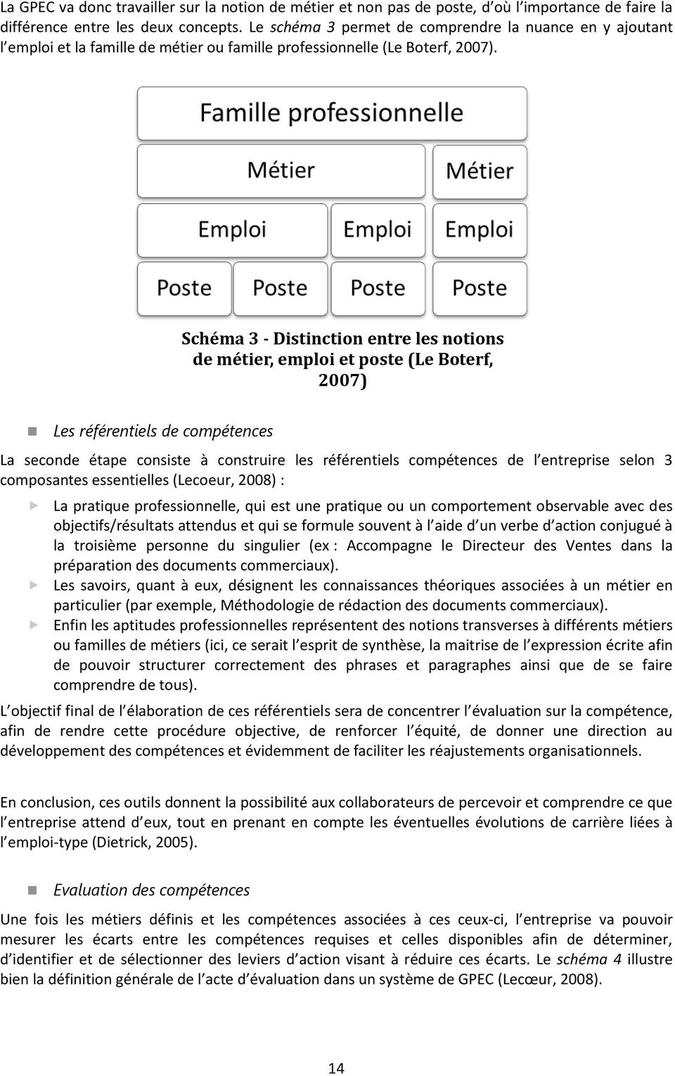 Schéma 3 - Distinction entre les notions de métier, emploi et poste (Le Boterf, 2007) Les référentiels de compétences La seconde étape consiste à construire les référentiels compétences de l