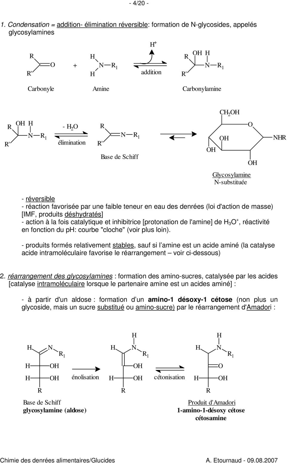 Glycosylamine -substituée - réversible - réaction favorisée par une faible teneur en eau des denrées (loi d'action de masse) [IMF, produits déshydratés] - action à la fois catalytique et inhibitrice
