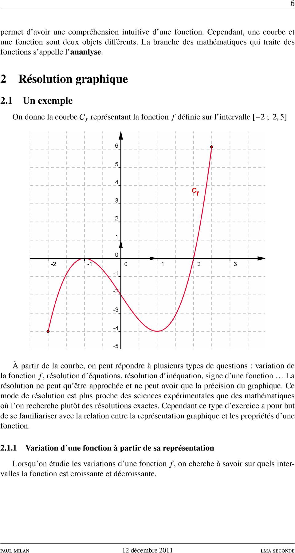 1 Un exemple On donne la courbe C f représentant la fonction f définie sur l intervalle [ 2 ; 2, 5] À partir de la courbe, on peut répondre à plusieurs types de questions : variation de la fonction