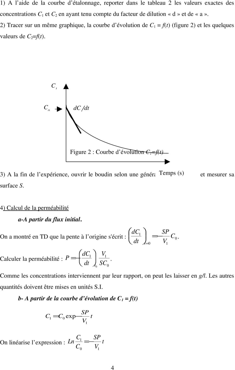 C 1 C dc 1 /dt Figure 2 : Courbe d évolution C 1 =f(t) 3) A la fin de l expérience, ouvrir le boudin selon une génératrice Temps du (s) cylindre et mesurer sa surface S.