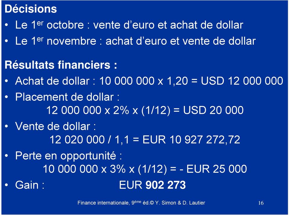 2% x (1/12) = USD 20 000 Vente de dollar : 12 020 000 / 1,1 = EUR 10 927 272,72 Perte en opportunité : 10 000