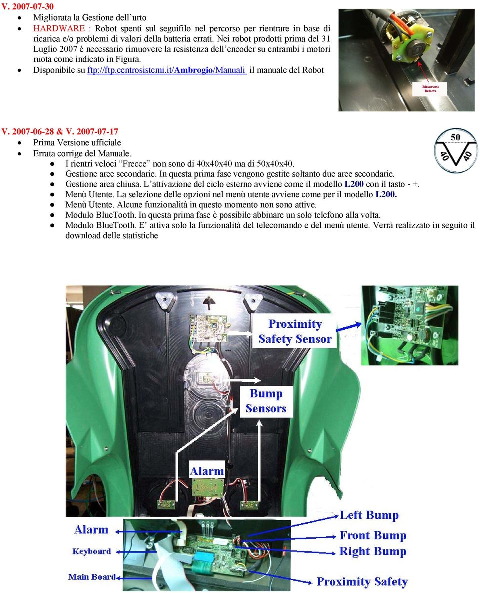 it/Ambrogio/Manuali UH manuale del Robot V. 2007-06-28 & V. 2007-07-17 Prima Versione ufficiale Errata corrige del Manuale. I rientri veloci Frecce non sono di 40x40x40 ma di 50x40x40.