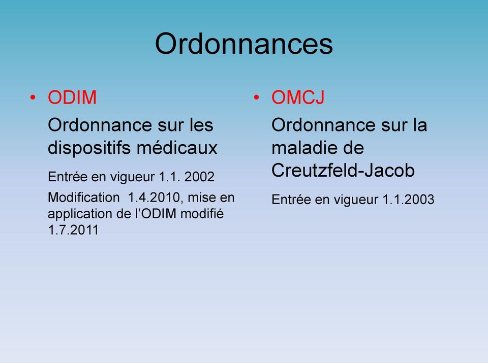 2010, mise en application de l ODIM modifié 1.7.