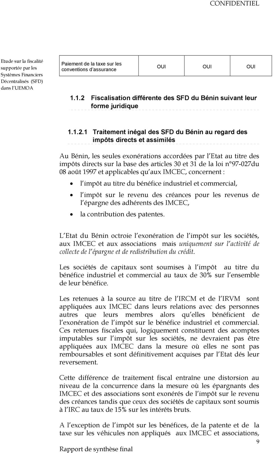 1 Traitement inégal des SFD du Bénin au regard des impôts directs et assimilés Au Bénin, les seules exonérations accordées par l Etat au titre des impôts directs sur la base des articles 30 et 31 de