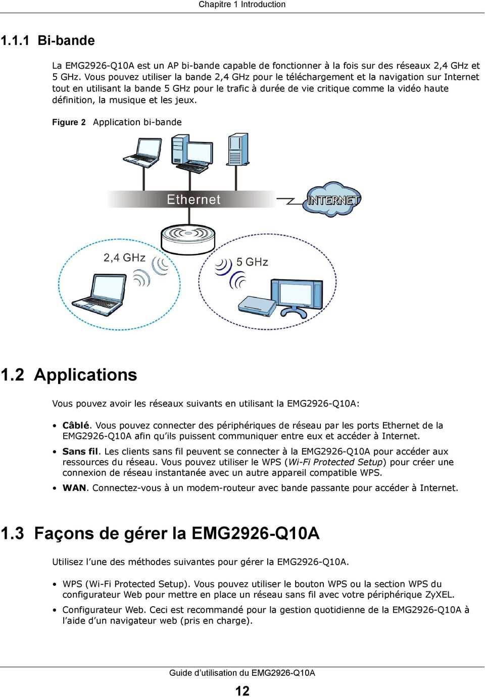 musique et les jeux. Figure 2 Application bi-bande 1.2 Applications Vous pouvez avoir les réseaux suivants en utilisant la EMG2926-Q10A: Câblé.