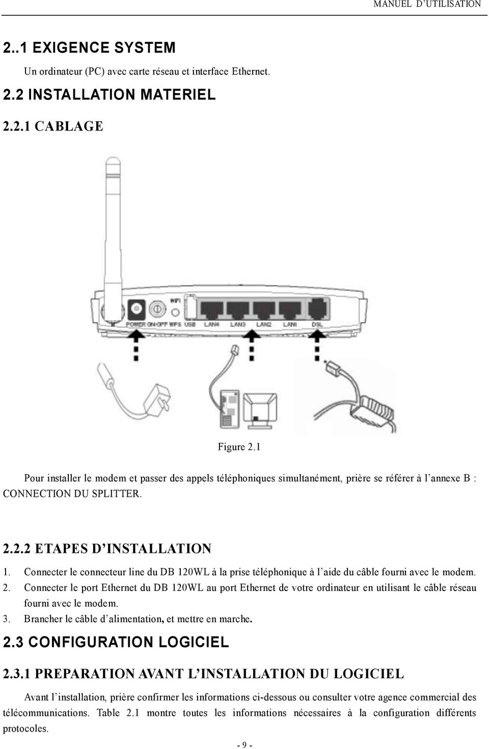 Connecter le connecteur line du DB 120WL à la prise téléphonique à l aide du câble fourni avec le modem. 2.