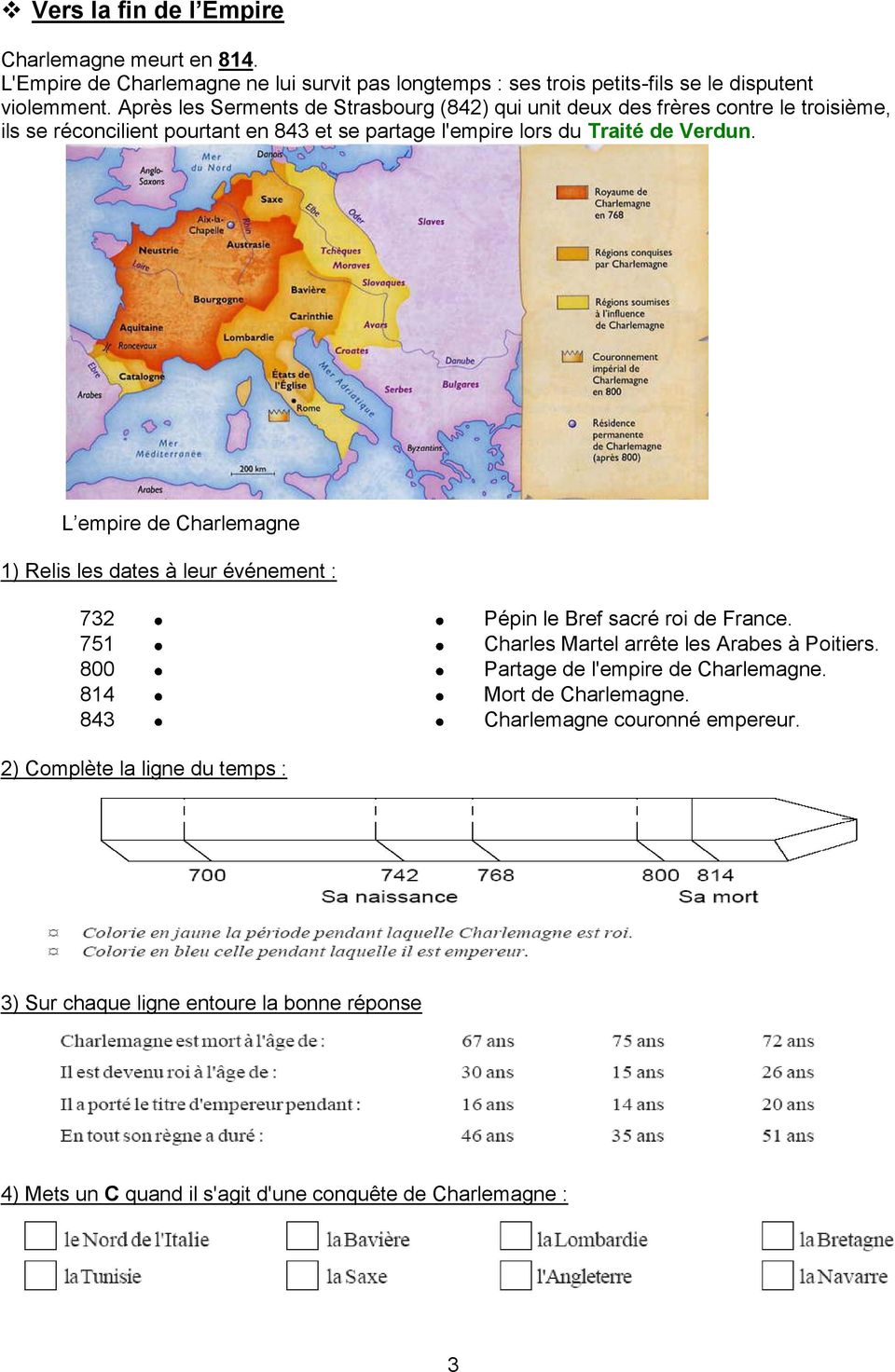 L empire de Charlemagne 1) Relis les dates à leur événement : 732 Pépin le Bref sacré roi de France. 751 Charles Martel arrête les Arabes à Poitiers.