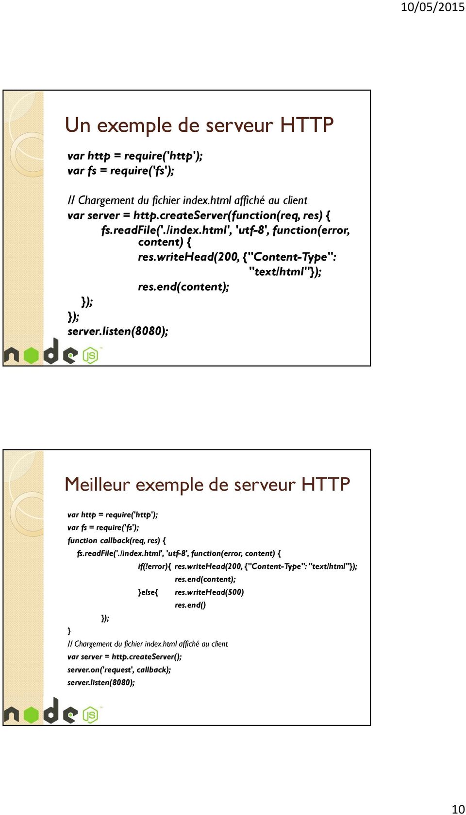 listen(8080); Meilleur exemple de serveur HTTP varhttp = require('http'); varfs = require('fs'); function callback(req, res) { fs.readfile('./index.html', 'utf-8', function(error, content) { if(!