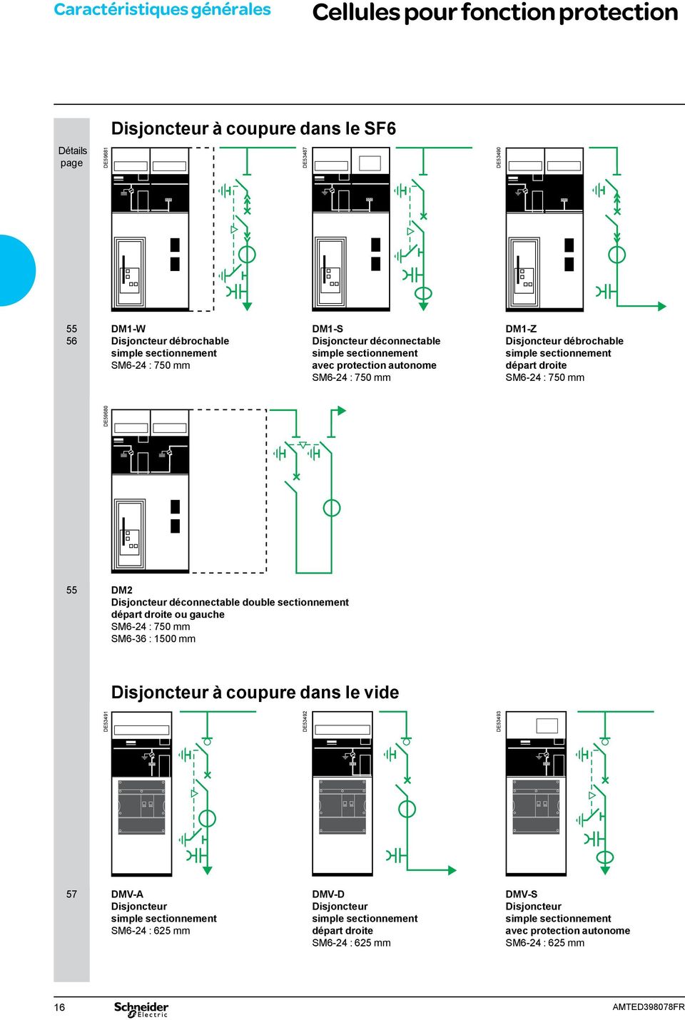 DM2 Disjoncteur déconnectable double sectionnement départ droite ou gauche SM6-24 : 750 mm SM6-36 : 1500 mm Disjoncteur à coupure dans le vide DE53491 DE53492 DE53493 57 DMV-A Disjoncteur simple
