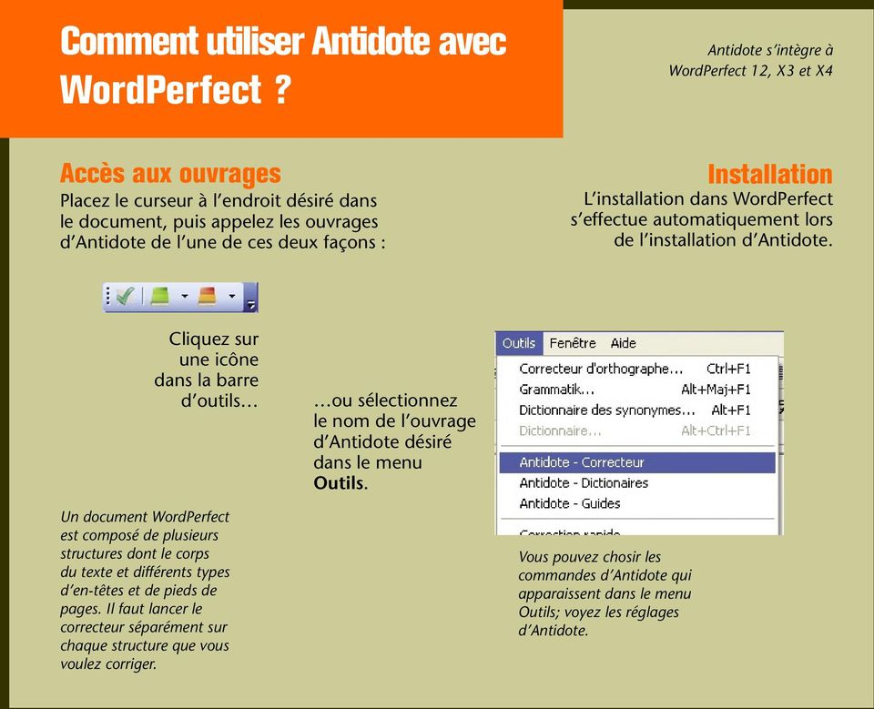 Installation L installation dans WordPerfect s effectue automatiquement lors de l installation d Antidote.