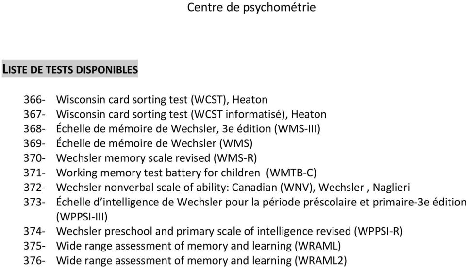 ability: Canadian (WNV), Wechsler, Naglieri 373 Échelle d intelligence de Wechsler pour la période préscolaire et primaire 3e édition (WPPSI III) 374 Wechsler