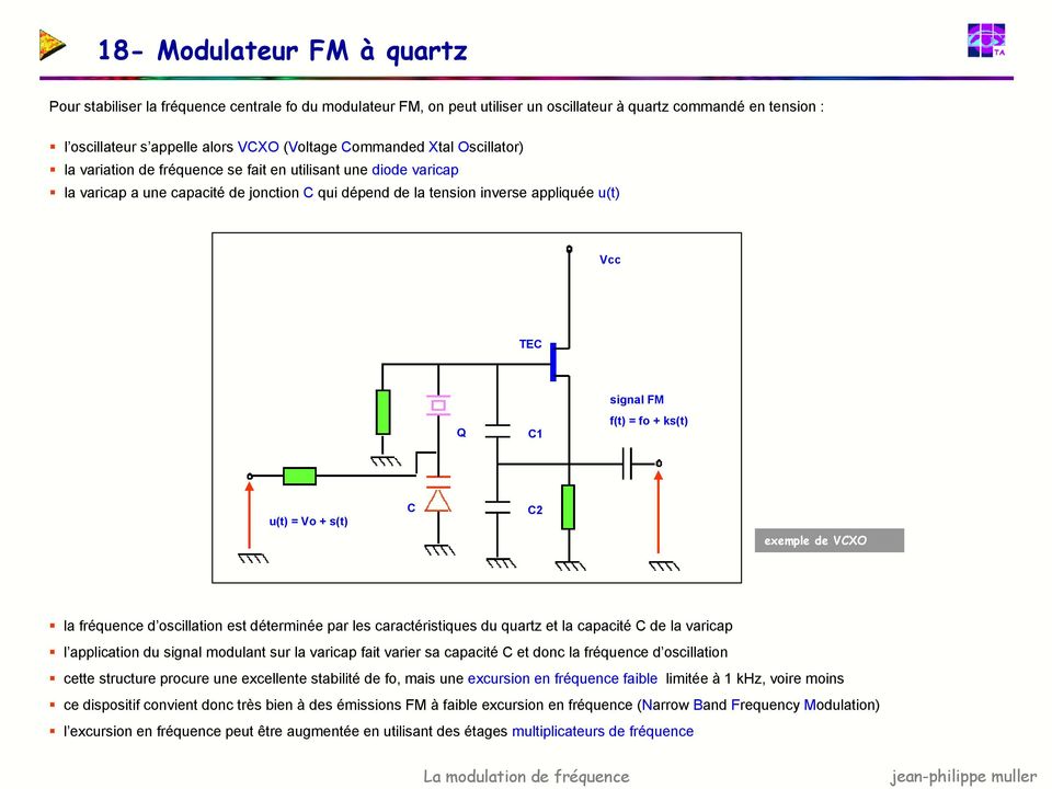 FM f(t) = fo + ks(t) u(t) = Vo + s(t) C C2 exemple de VCXO la fréquence d oscillation est déterminée par les caractéristiques du quartz et la capacité C de la varicap l application du signal modulant