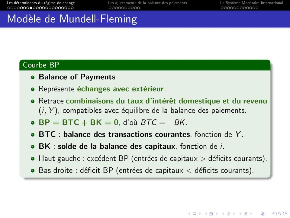 paiements. BP = BTC + BK = 0, d où BTC = BK. BTC : balance des transactions courantes, fonction de Y.