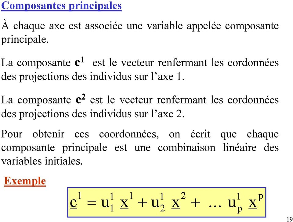 Pour obtenir ces coordonnées, on écrit que chaque composante principale est une combinaison linéaire des