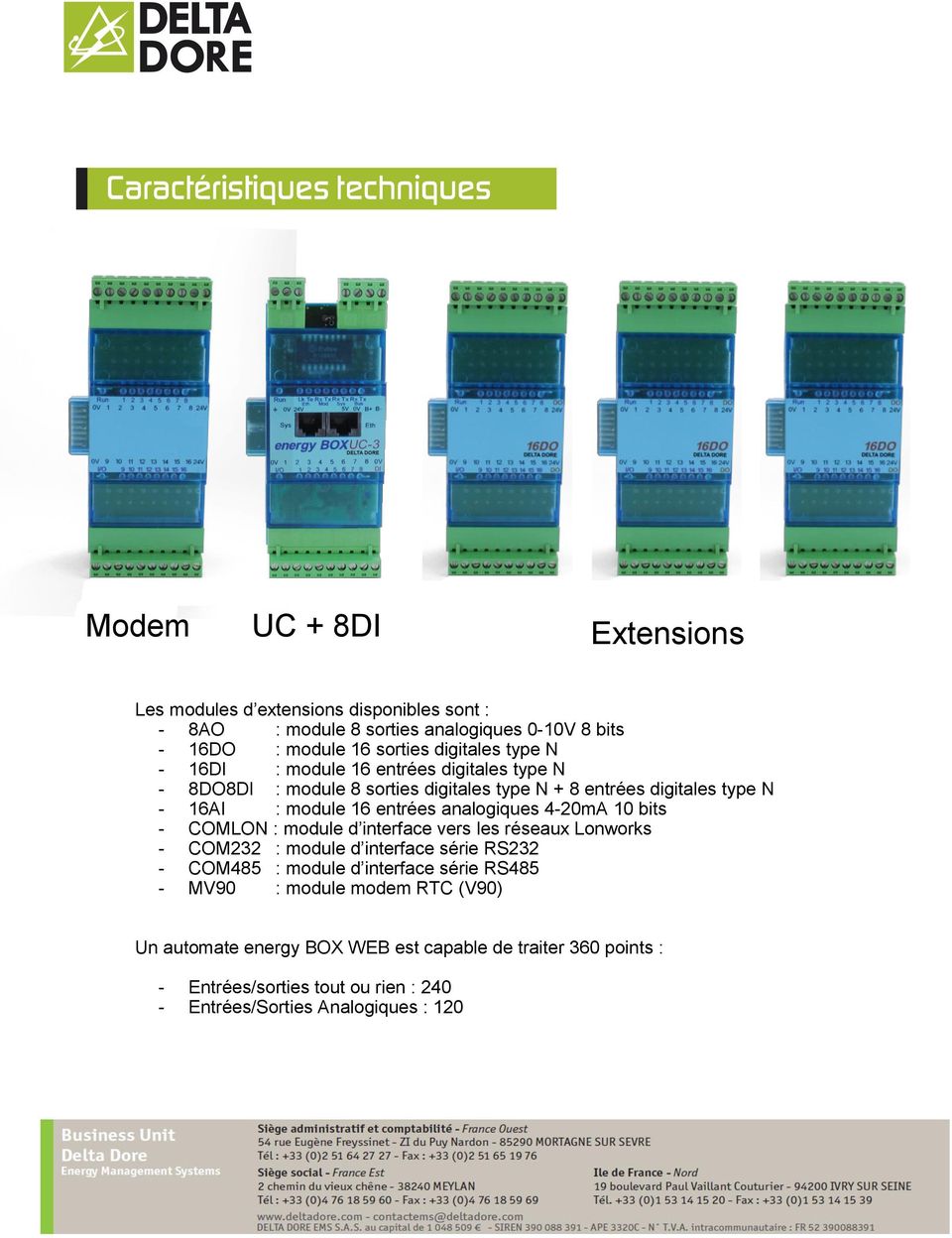 analogiques 4-20mA 10 bits - COMLON : module d interface vers les réseaux Lonworks - COM232 : module d interface série RS232 - COM485 : module d interface série