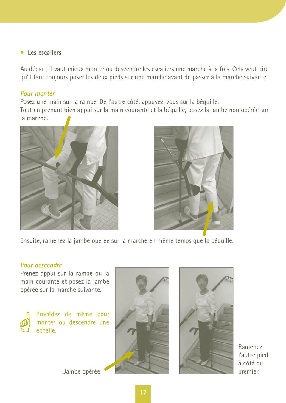 De l autre côté, appuyez-vous sur la béquille. Tout en prenant bien appui sur la main courante et la béquille, posez la jambe non opérée sur la marche.