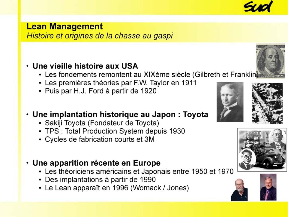 Ford à partir de 1920 Sakiji Toyota (Fondateur de Toyota) TPS : Total Production System depuis 1930 Cycles de fabrication courts et 3M