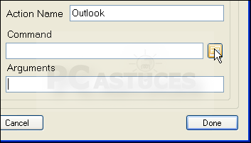 7. Dans le champ Action Name, saisissez le nom du logiciel à exécuter, ici Outlook. 8. Cliquez sur le bouton Parcourir. 9.