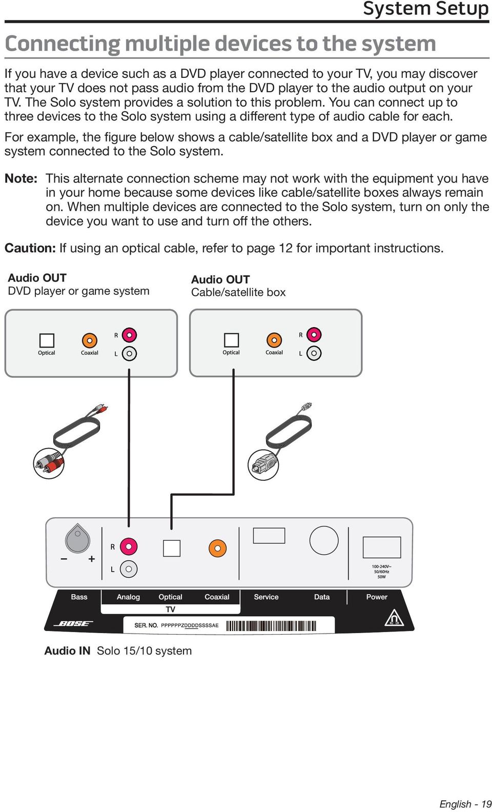 For example, the figure below shows a cable/satellite box and a DVD player or game system connected to the Solo system.