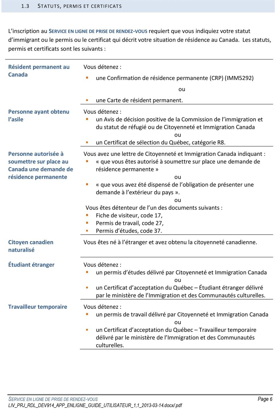 Les statuts, permis et certificats sont les suivants : Résident permanent au Canada Personne ayant obtenu l asile Personne autorisée à soumettre sur place au Canada une demande de résidence