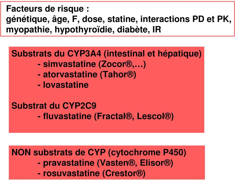 (Zocor, ) - atorvastatine (Tahor ) - lovastatine Substrat du CYP2C9 - fluvastatine (Fractal,